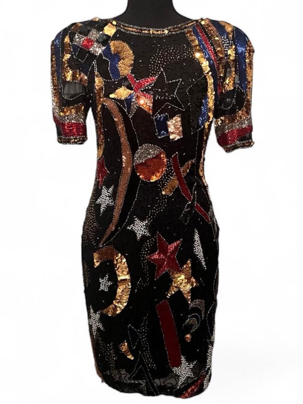 Vintage 1980s Black Sequin Beaded Cosmic Celestial Cocktail Dress